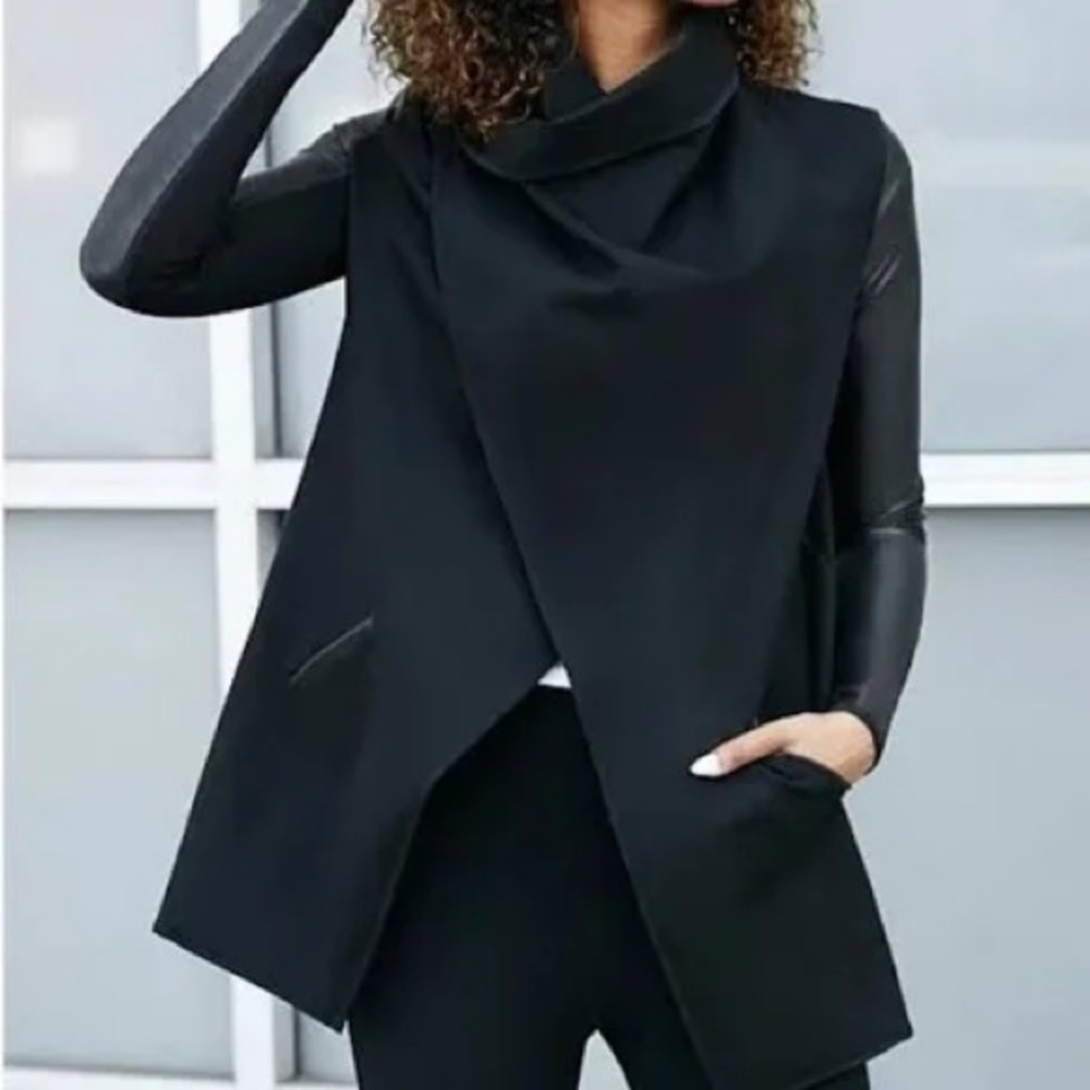 Spanx Black Faux Leather Sleeve Wrap Jacket Small - Picture 2 of 10